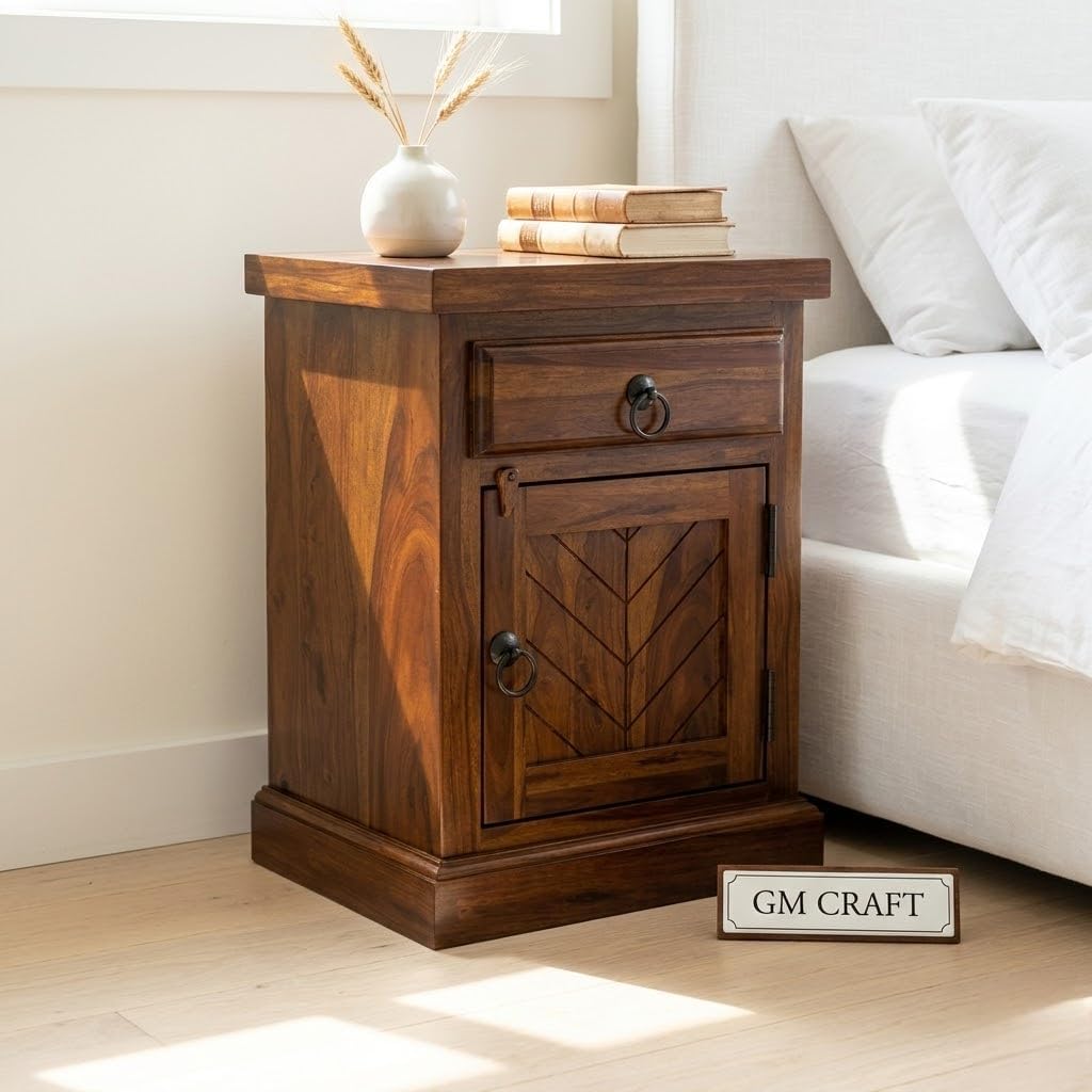 Sheesham Wooden Bedside Table for Bedroom with Drawer & Door Storage - Wooden Bedside Table with Drawer Storage Nightstand End Table for Living Room Sofa Side Table (Design 11)-image-14