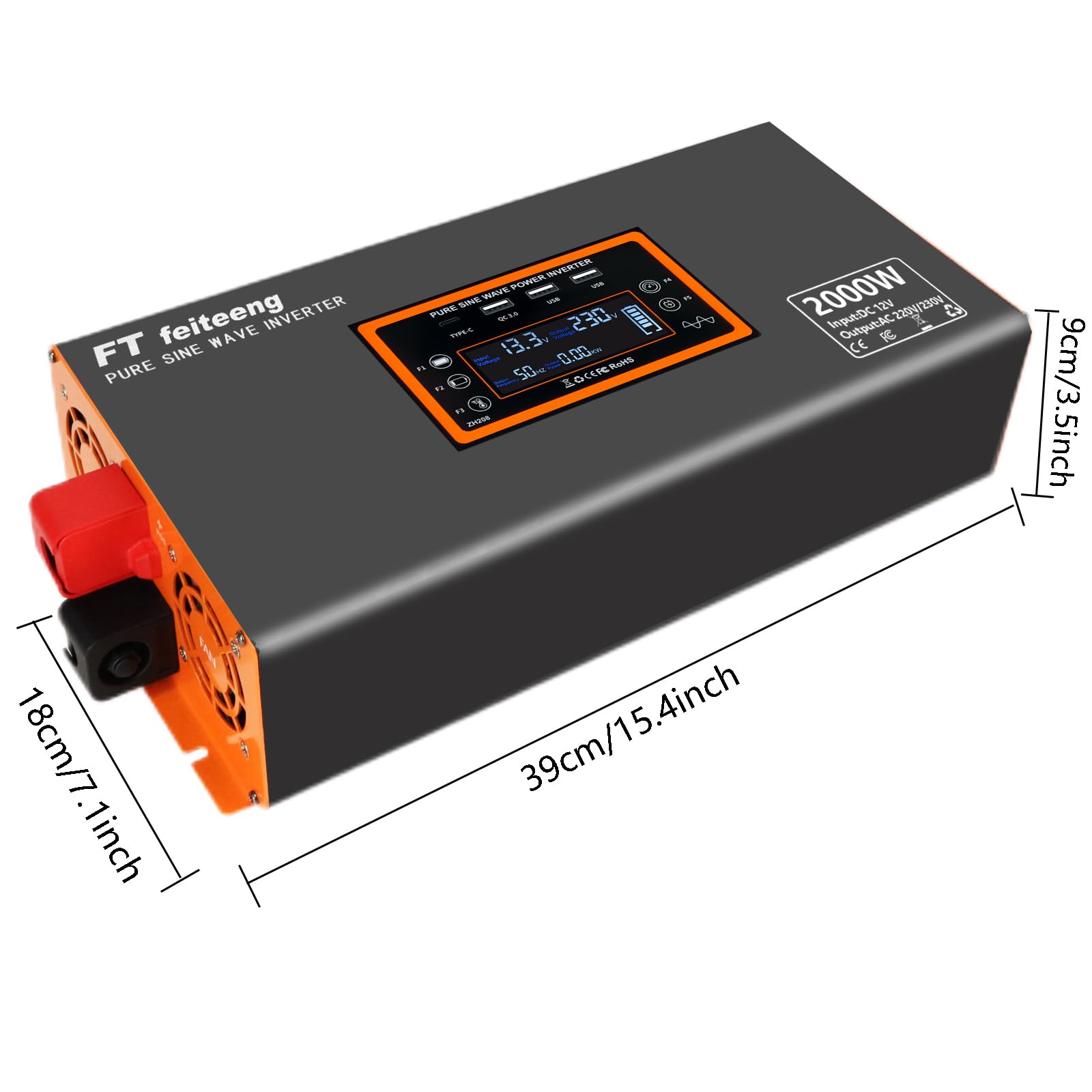 Inverter a onda sinusoidale pura, da 12 V CC a 220 V/230 V AC, display a LED, doppia porta USB 5 V/3,4 A, adatto per campeggio, camper, camion (2000 W)
