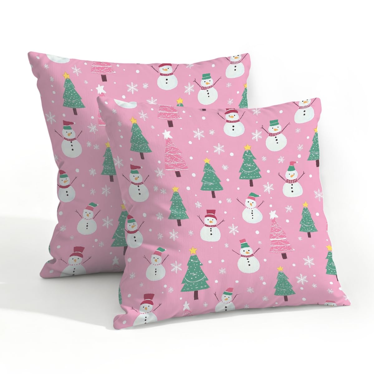 Outdoor Pillow Covers Waterproof Pillowcases 20x20IN Set of 2 Christmas Tree Snowman On Pink Decorative Throw Cushion Case for Couch Sofa Garden Patio Furniture