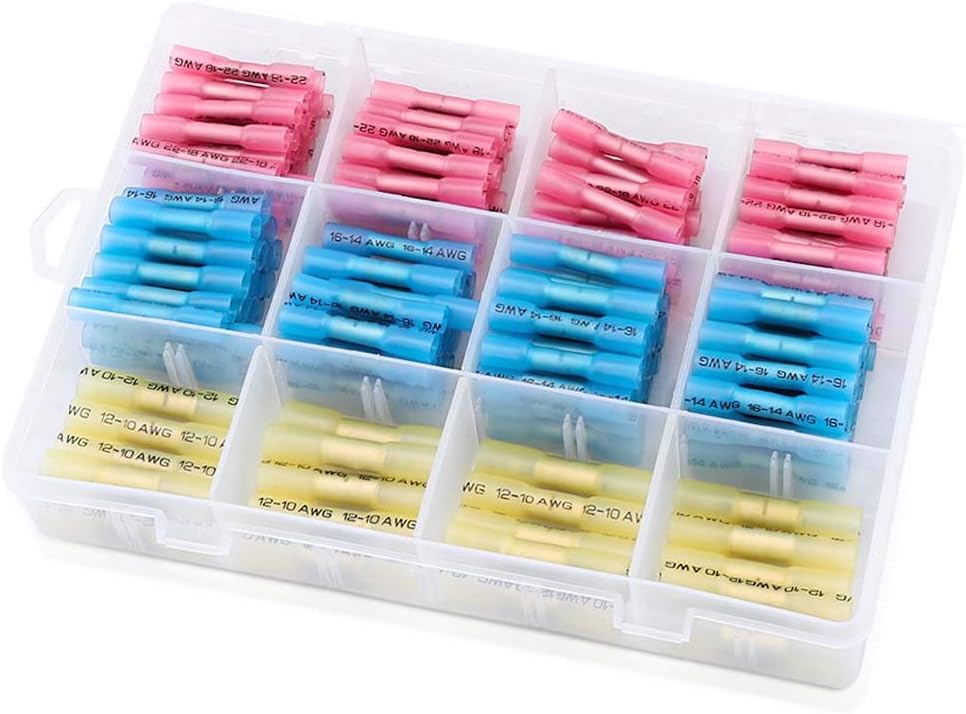 200PCS Heat Shrink Connectors Kit, Insulated Waterproof Electrical Marine Automotive Wire Crimp Terminals, Butt Splice (3 Colors / 3 Sizes)