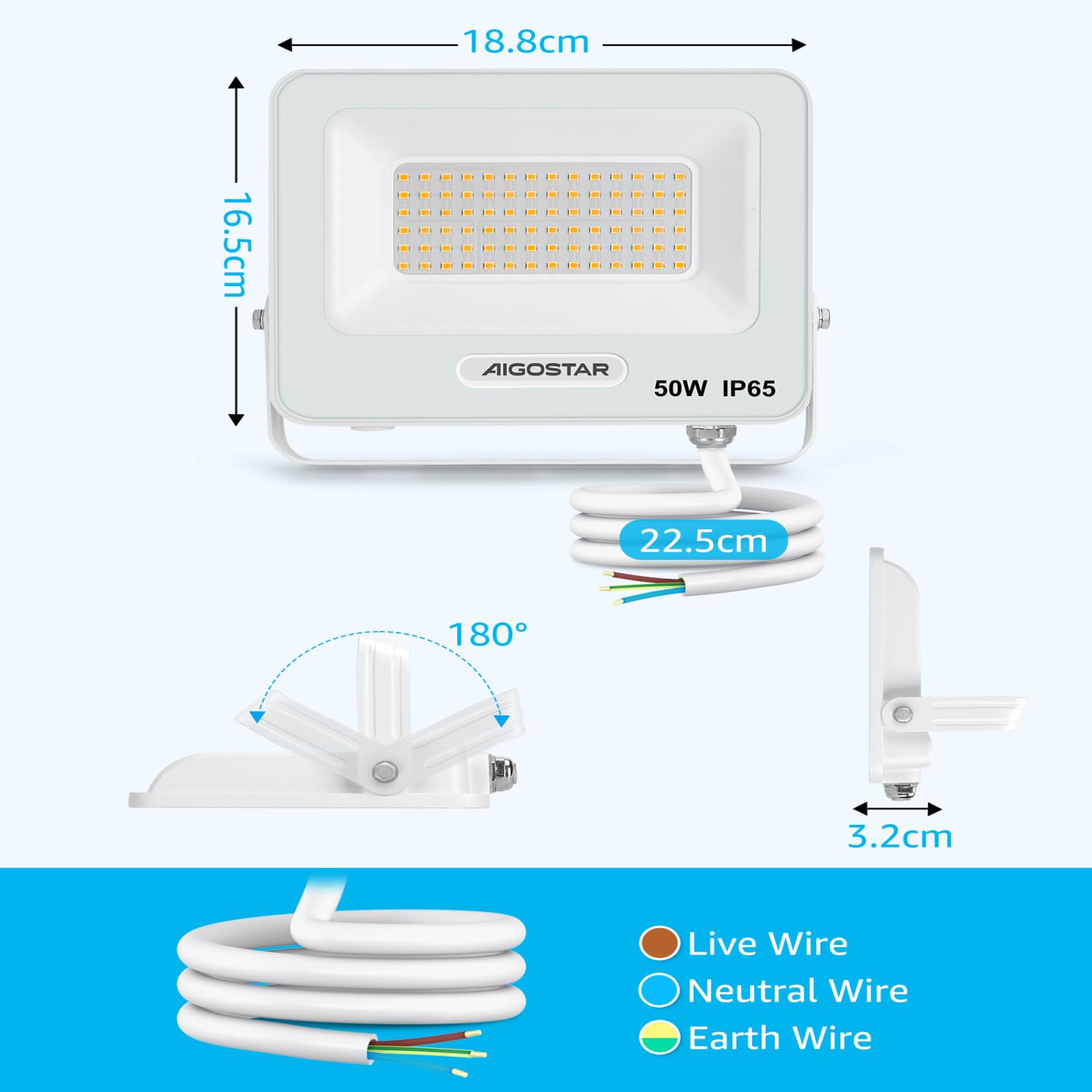 Aigostar Foco LED Exterior 50w, 4500LM Foco Proyector LED, IP65 Impermeable Luz de Seguridad, Natural 4000K Luces exterior, Para Jardín, Patio, Garaje, Paquete de 10