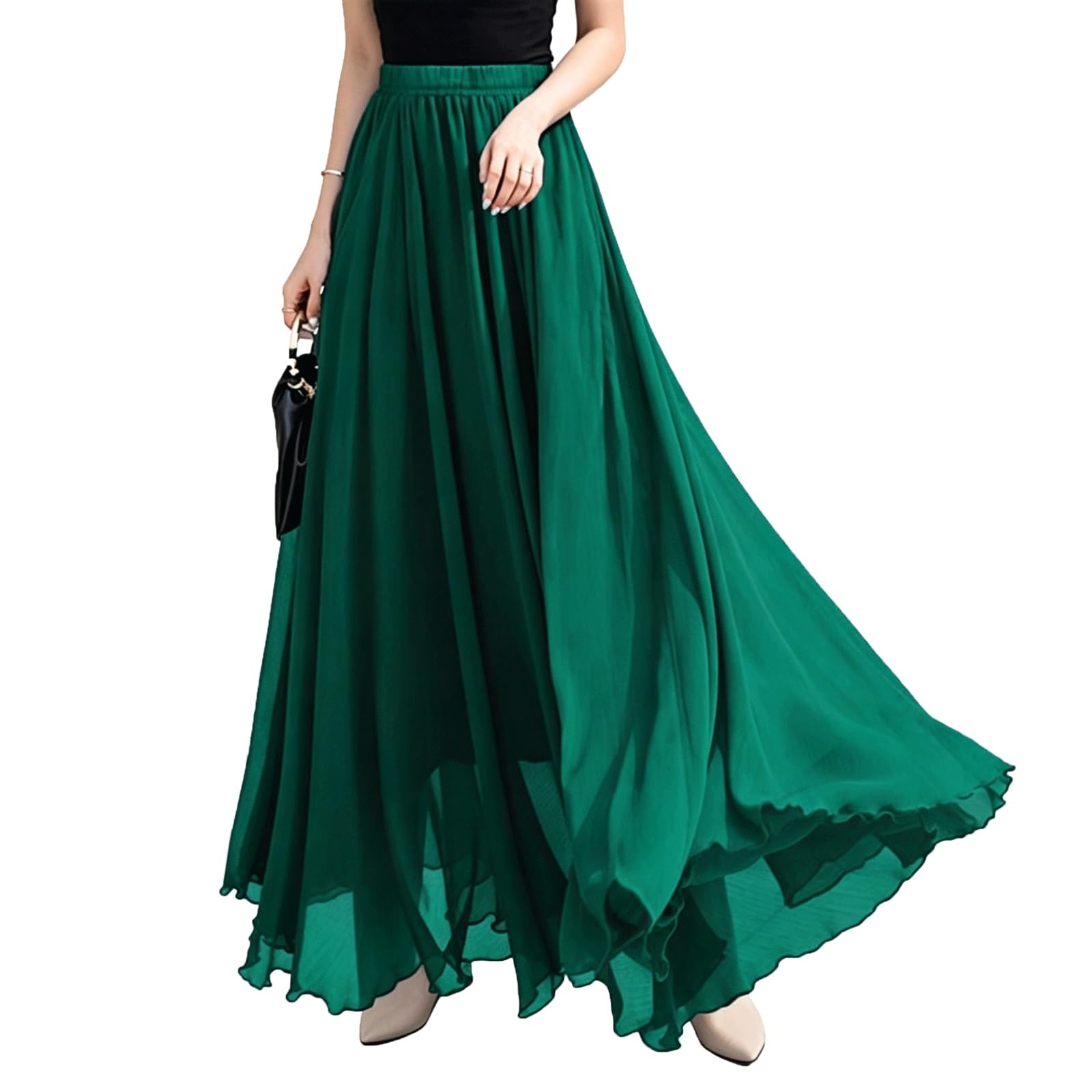 DUddTTW Solid Color Women's Maxi Skirts High Waisted Midi Swing Skirt Casual(Dark Green,Lagre)