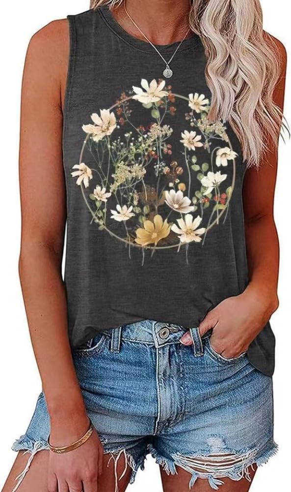 Women's Floral Tank Tops Casual Summer Cap Sleeve Sleeveless Wildflowers Floral Graphic Tees Tops