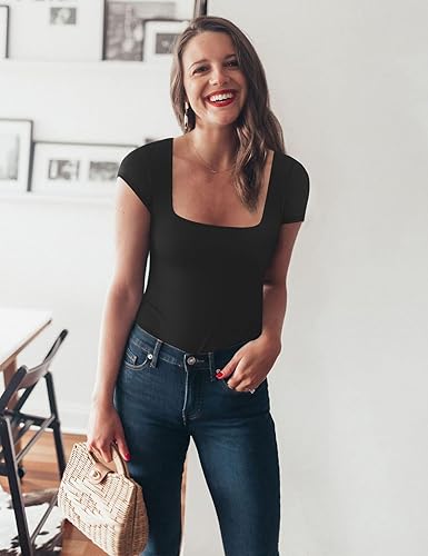 Miniatura 4 de Chunpin Body sexy de manga corta con cuello cuadrado para mujer, con doble forro y tanga ajustada