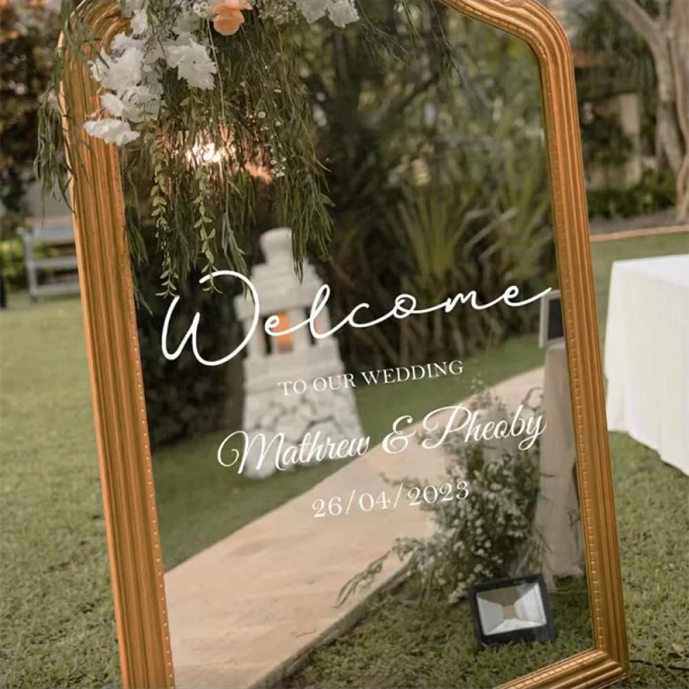 Etiqueta De La Pared De La Boda Con Nombres Personalizados,Bienvenido A Nuestra Calcomanía De Vinilo Con Espejo De Boda,Decoración Del Letrero De Bienvenida De La Boda De Entrada,Personalizado,80X4