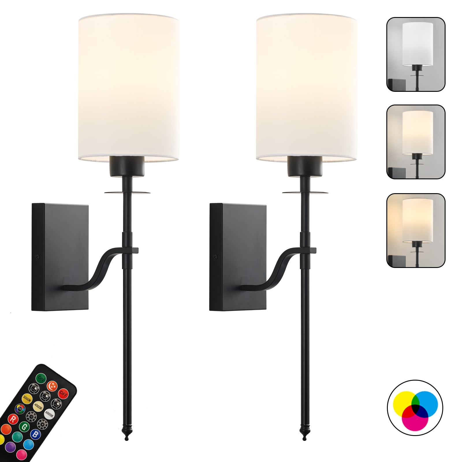 KARTOOSH Battery Operated Wall Sconces Set of Two, with Remote Control, Dimmable Wireless Sconce, Warm White/Natural White/Daylight/RGB Rechargeable Wall Lamp for Living Room, Bedroom, Entryway, Black