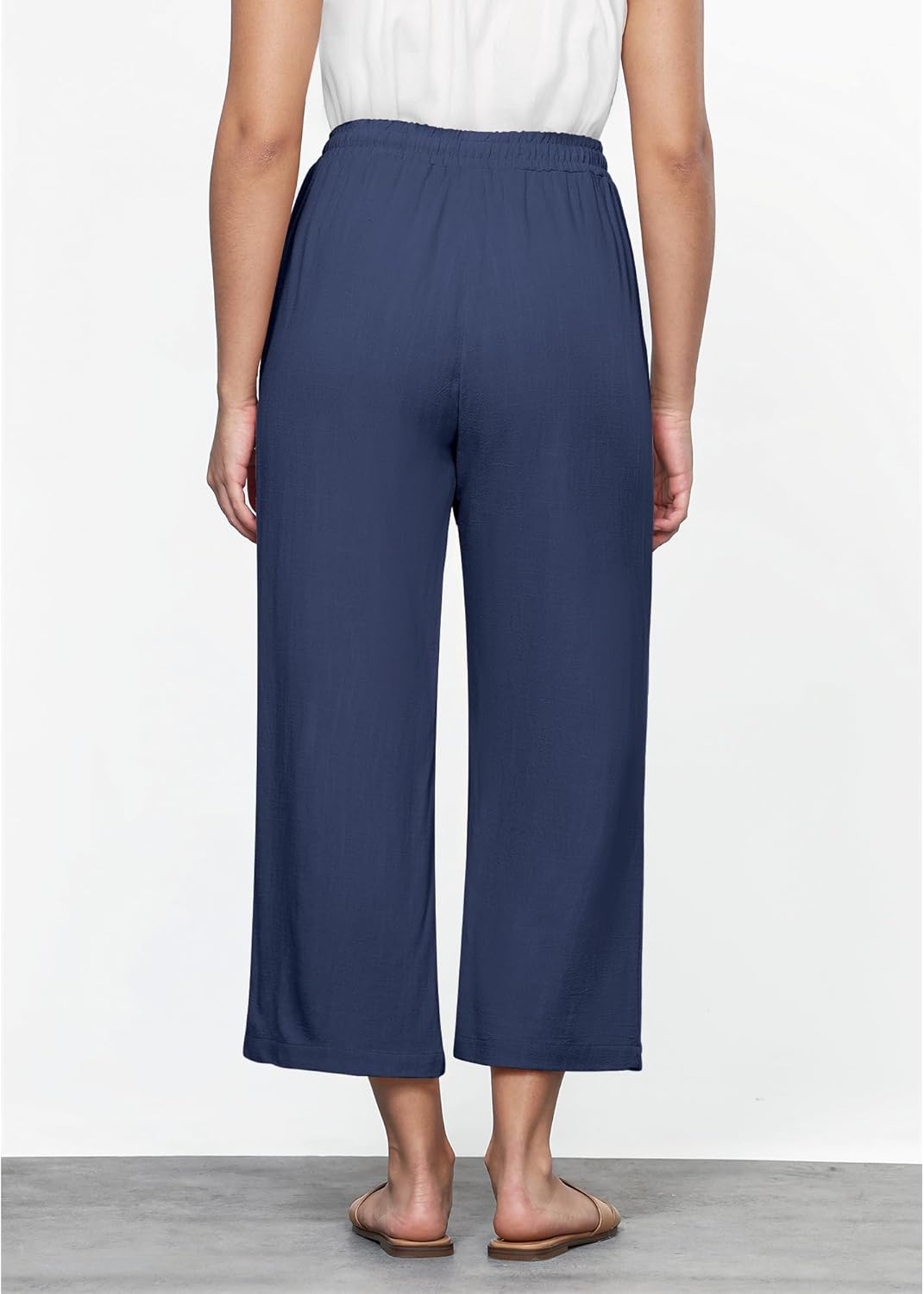 GRAPENT Linen Pants for Women High Waisted Wide Leg Capri Elastic Waist Casual Beach Flowy Cropped Summer Capris Pants - Image 3