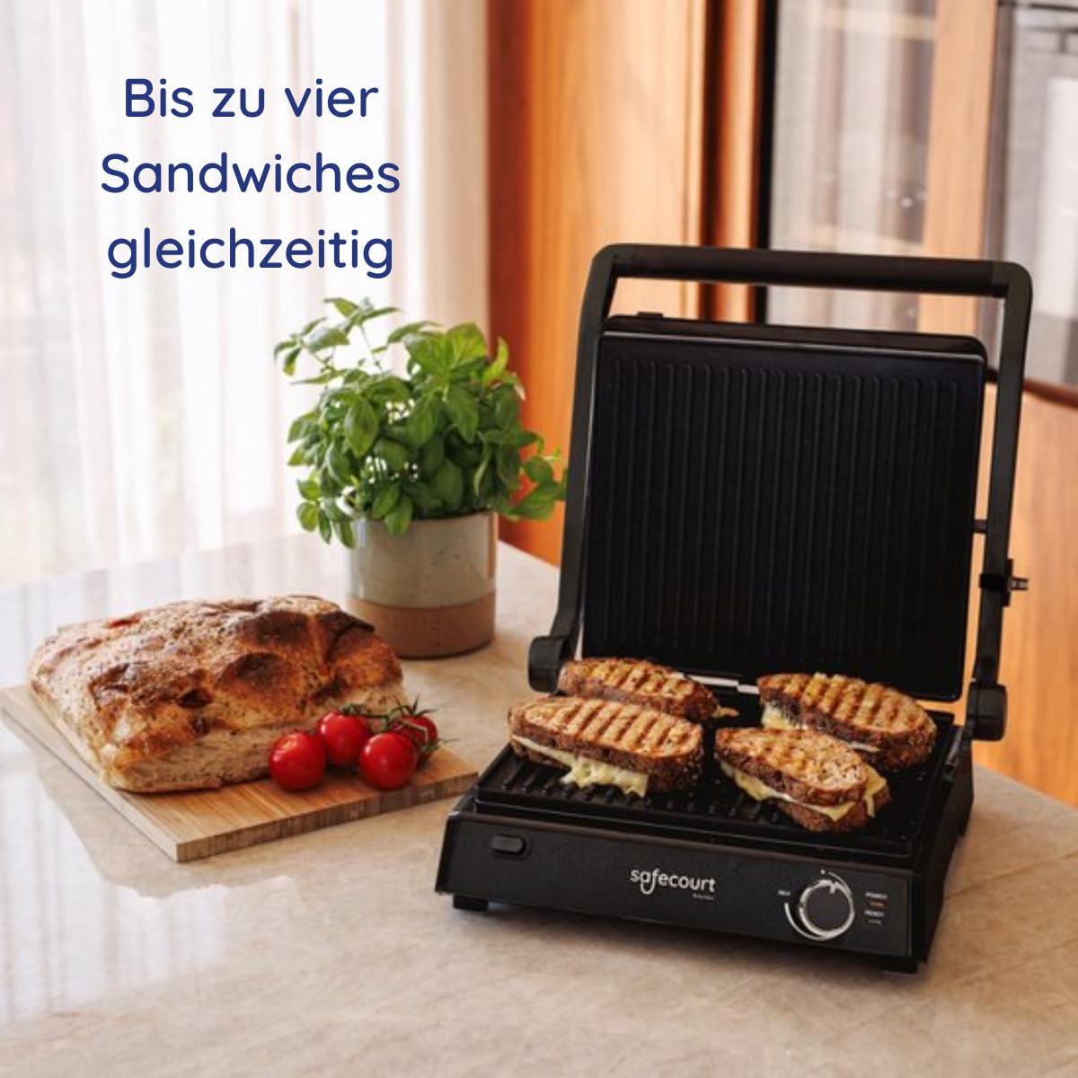 Safecourt Sandwichmaker 3 in 1 Kontaktgrill abnehmbare Platten - Sandwichtoaster [XXL Grillfläche & BPA-frei] - Sandwich- & Paninitoaster schnelle Zubereitung, spülmaschinenfest - Panini Grill schwarz