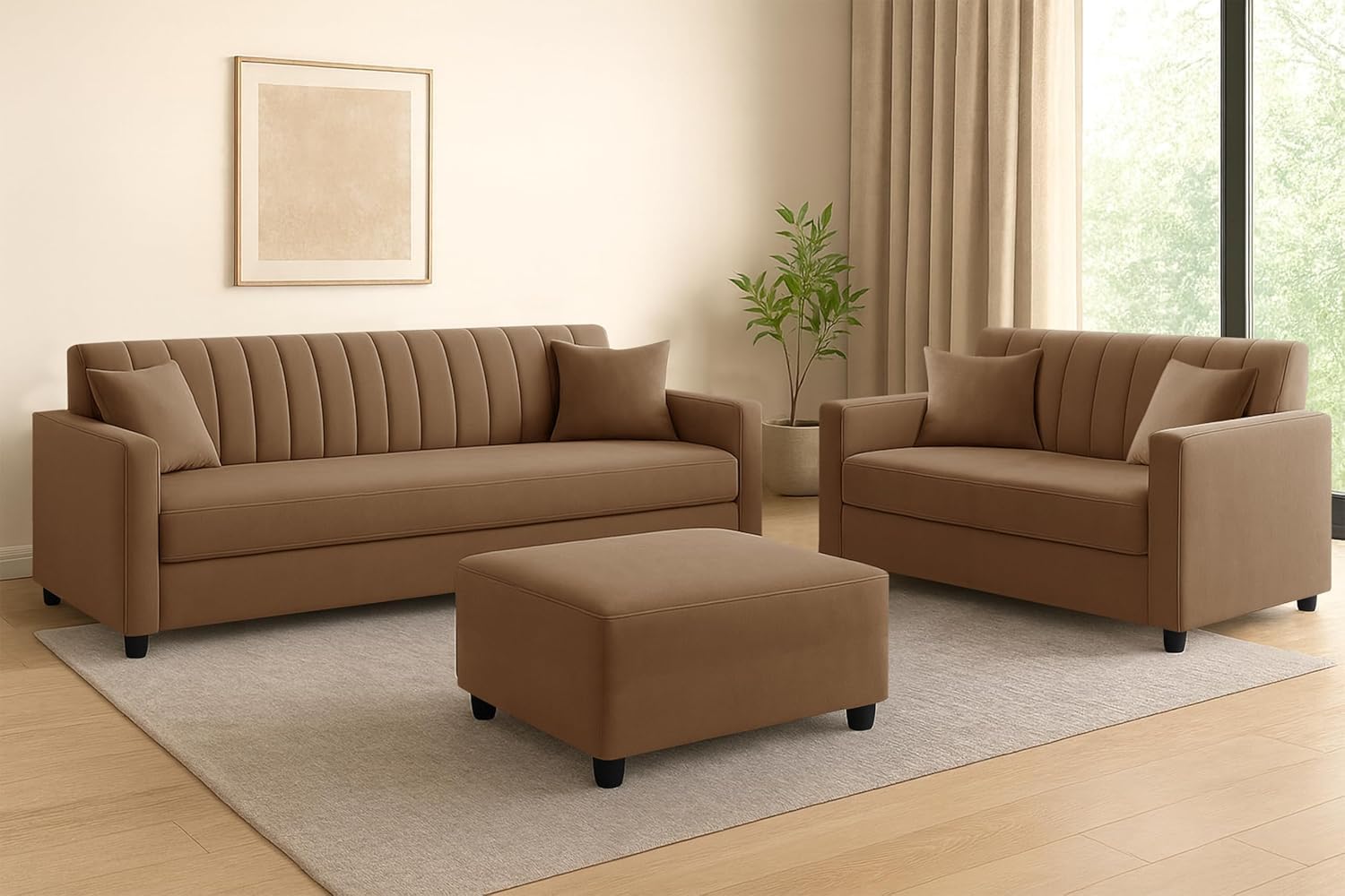 Ministry of Décor 3+2 Velvet Fabric Sofa Set with Ottoman for Living Room | Modern Five-Seater Sofa Couch | with Soft Cushion, Premium Velvet Fabric - Golden Color