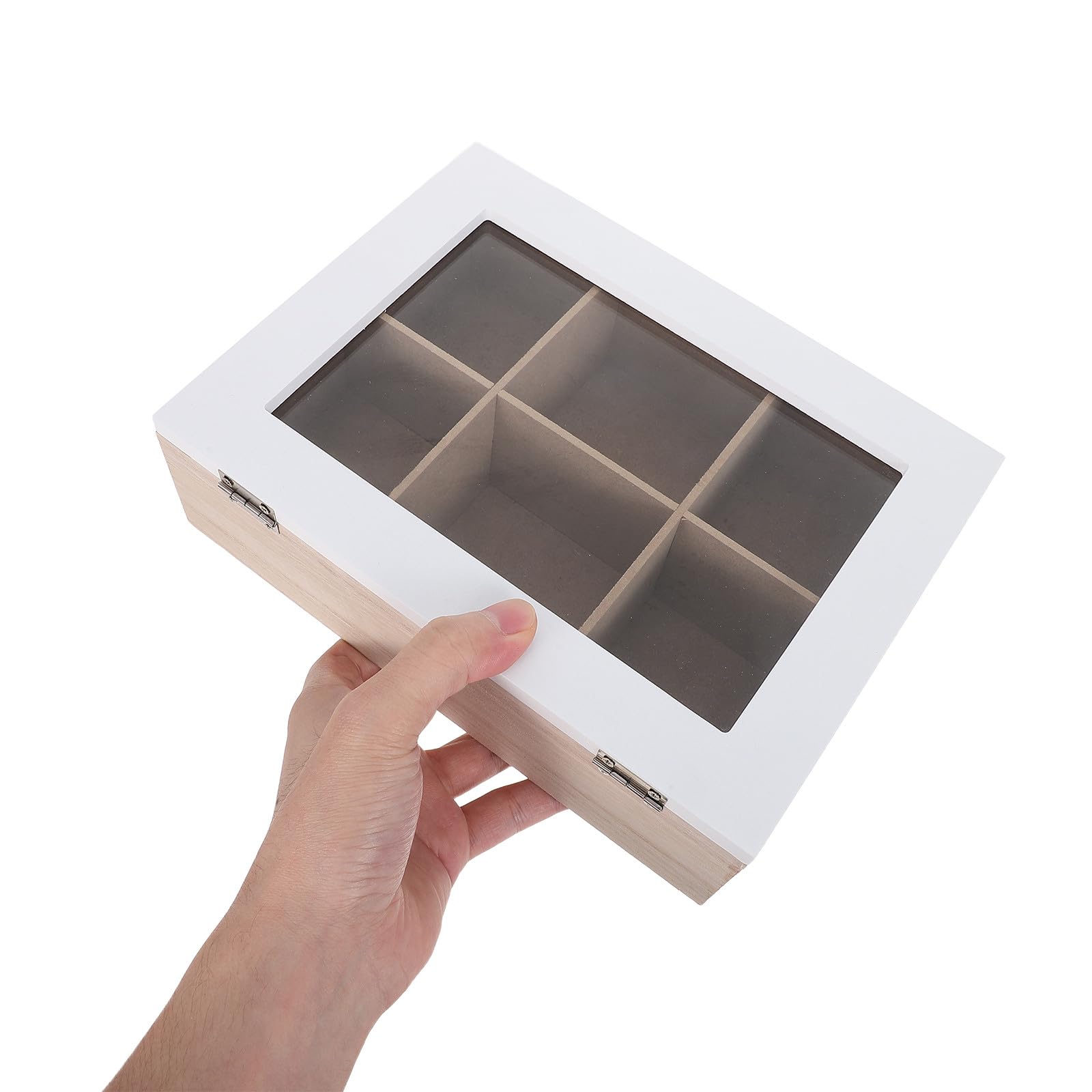 Operitacx Boîte de rangement pour sachets de thé - Boîte à thé en bois à 6 compartiments avec couvercle en verre à charnière - de rangement pour sachets de café à poser sur la table