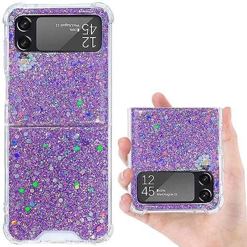 CEOKOK for Samsung Galaxy Z Flip 3 Glitter Case Cute Clear with Design Bling Shiny Reflective Pink Sparkle Protective Aesthetic Phone Cover for Women Girls Kawaii Sturdy for Z Flip 3 (Purple Sequin)