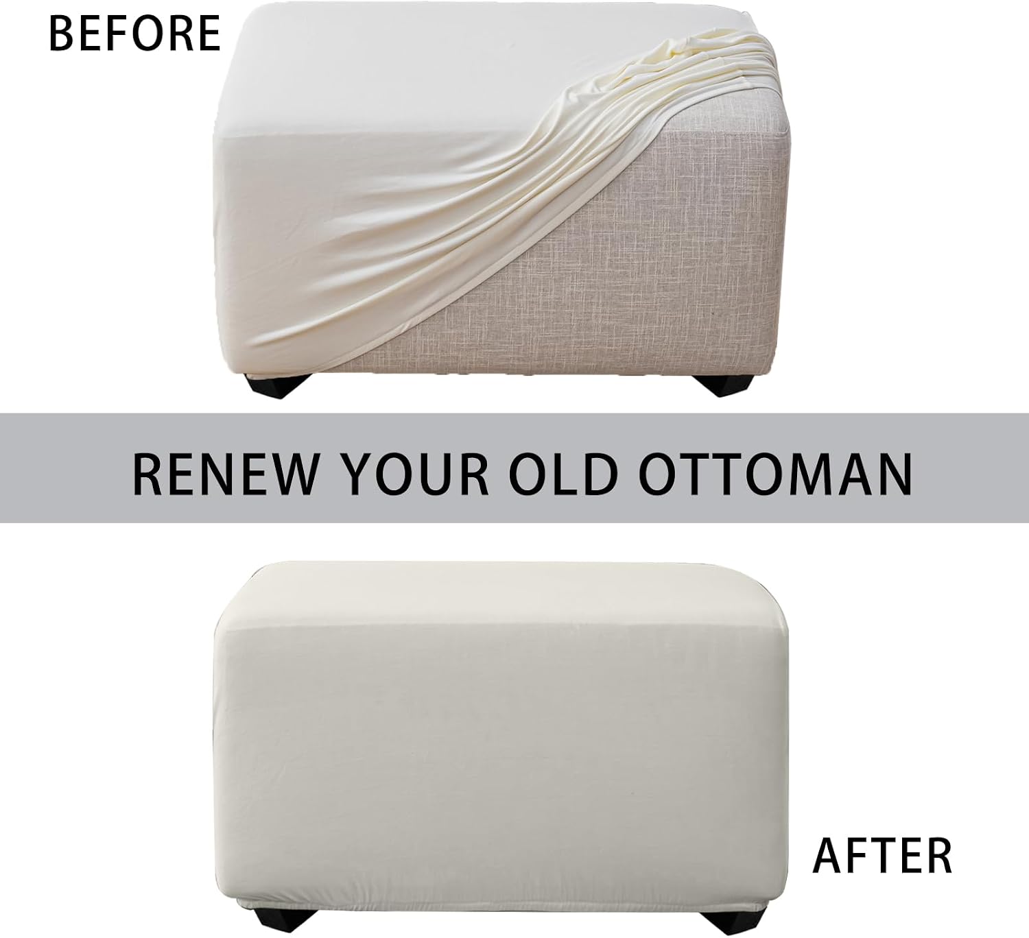 Rectangular Ottoman Cover Slipcover Footstool Cover | Beige Fitted Rectangle Ottoman Slipcovers Stool Cover Stretch Ottoman Storage Cover with Nonslip Elastic Bottom