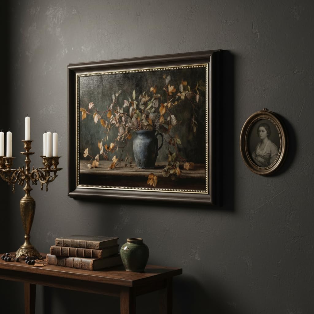 Dark Brown Framed Vintage Still Life Canvas Wall Art, Retro Moody Flower Vase Poster Artwork, Farmhouse Rustic Dark Botanical Painting Picture Wall Decor, for Bedroom, Office, Home Decoration, 12x16in