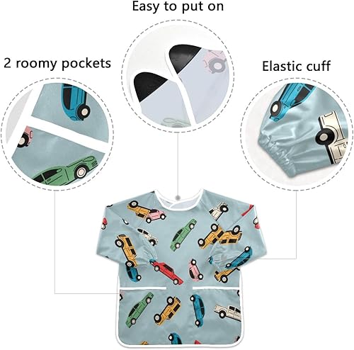 Miniatura 3 de YETTASBIN Delantales de dibujos animados para niños, delantales de manga larga impermeables con 2 bolsillos para niños de 2 a 6 años