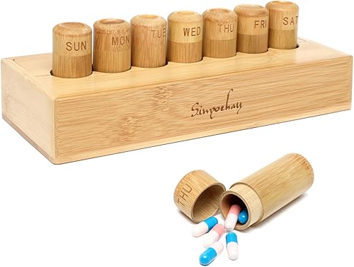 Organizador semanal de píldoras de bambú, 7 tubos con caja de bambú para organizador diario de píldoras, estuche de píldoras de diseño ecológico