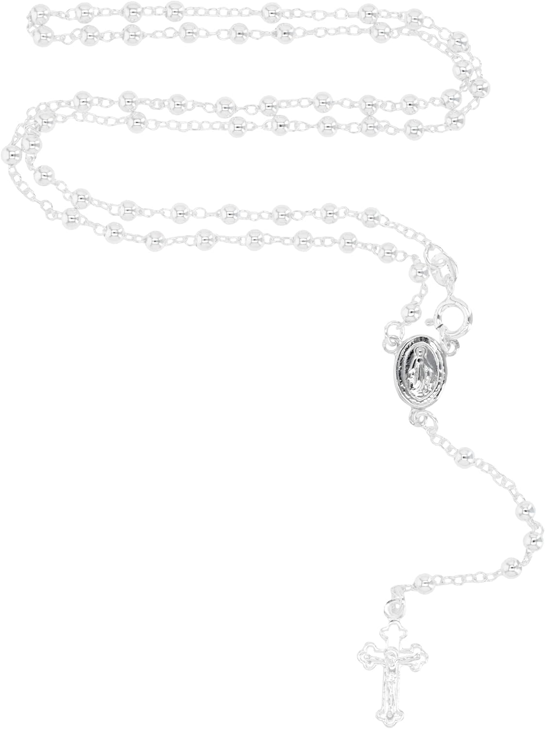 Solid 925 Sterling Silver 3mm-5mm Italian Virgin Mary Rosary Bead Cross Necklace | Made In Italy | 925 Sterling Silver Rosary Y Necklace Chain for Women And Men