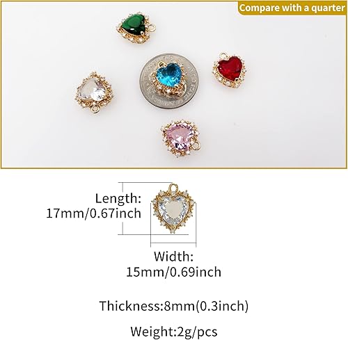 Miniatura 5 de ZeaLian Abalorios de corazón de cristal de aleación chapada en oro para hacer joyas, pulseras, collares, aretes, colgantes, suministros de