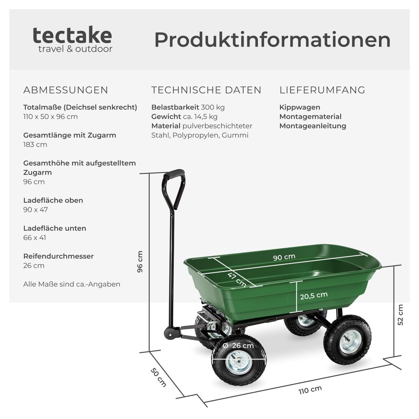 tectake® Bollerwagen, Handwagen, Transporter mit Kippfunktion, Rollwagen mit Lenkachse, Trolley, als Einkaufswagen, Bastelwagen, Transportkarre, Gartenwagen, Einkaufstrolley - Belastbarkeit 300kg