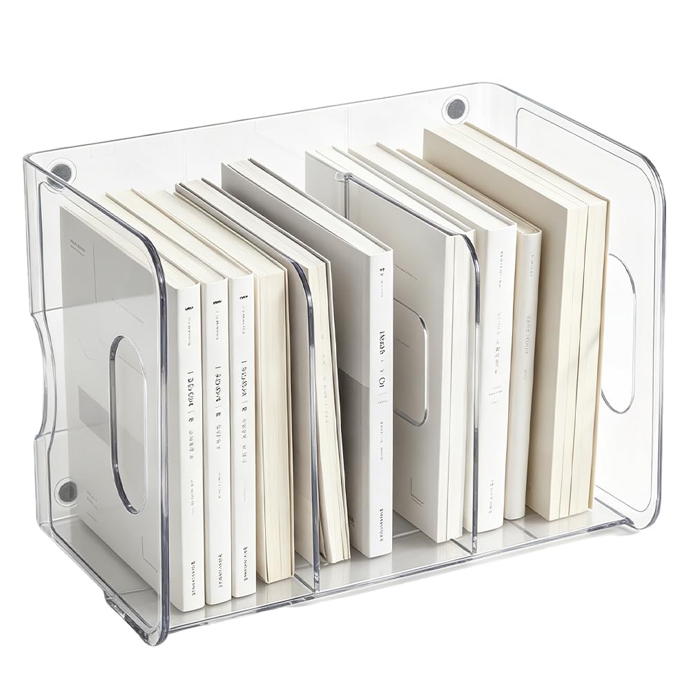 INFUNLY Portariviste in acrilico a 3 scomparti, 17 x 15 x 23 cm, organizer da scrivania con manico, organizer trasparente da cucina, organizer per borsette, divisorio per casa, ufficio, scuola