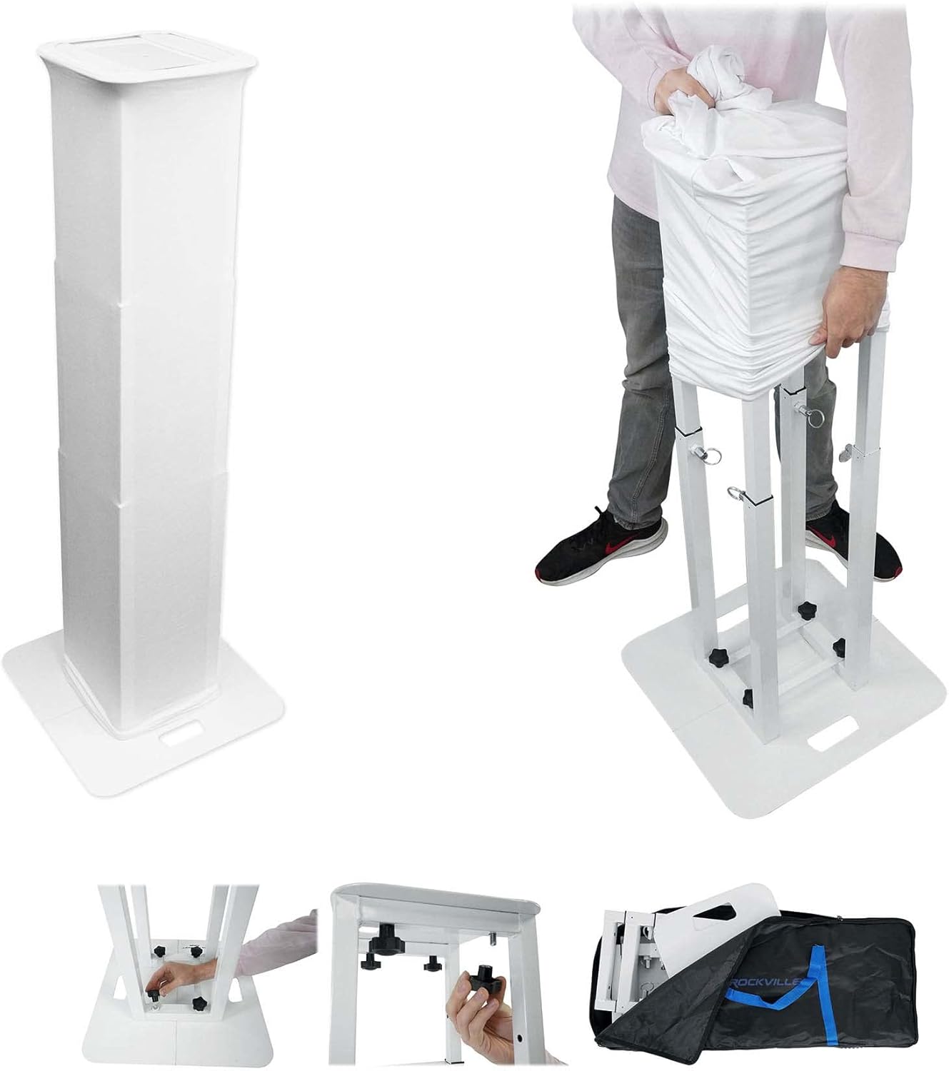 Rockville RTP-GO Portable Collapsible DJ Totem Stand, 132 lbs Capacity, Adjustable 39-70in Height, Black/White Scrims, Travel Bag, Cable Management, for Mobile DJs and Event Lighting