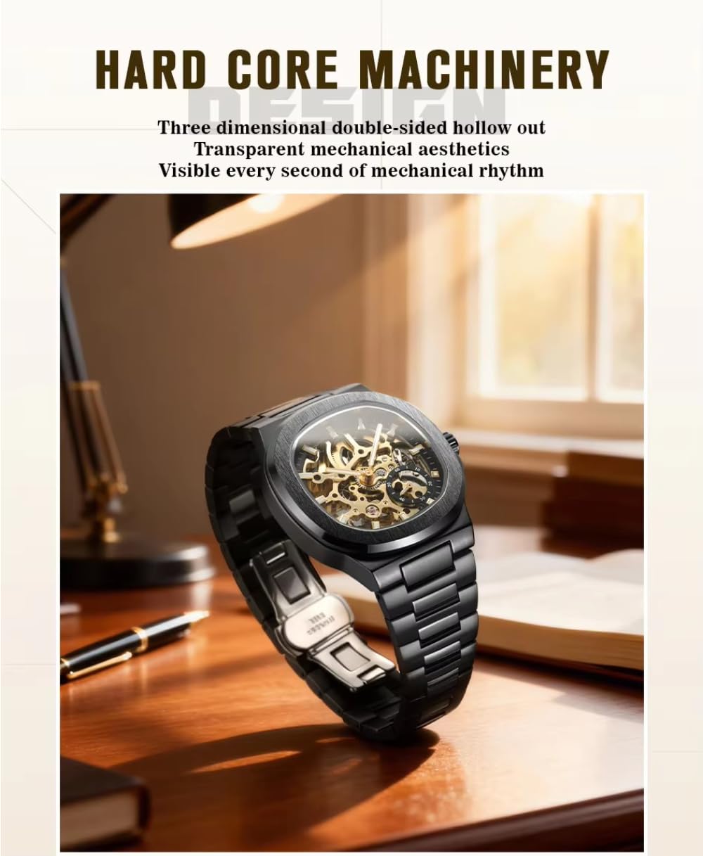 Quadratische, runde Form, ausgehöhltes Skelett, automatische mechanische Herrenuhr, Edelstahl, wasserdicht, leuchtend, luxuriös, Business-Uhren