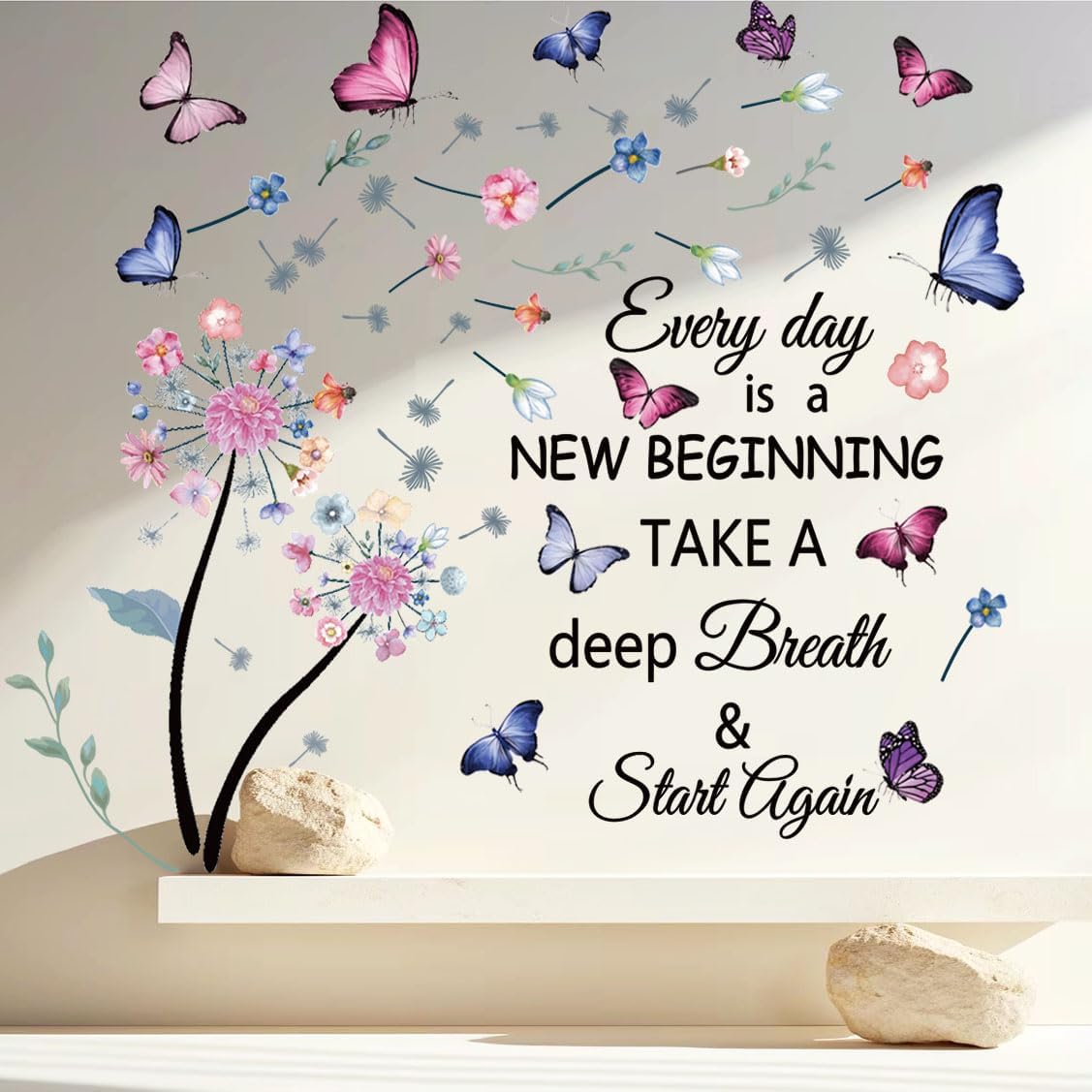 Flowers Wall Decals Removable Dandelion Wall Stickers Inspirational Quotes Flying Butterfly Wall Stickers Murals Self-Adhesive Peel and Stick Colorful Flower Wall Decor for Girls Bedroom Living Room