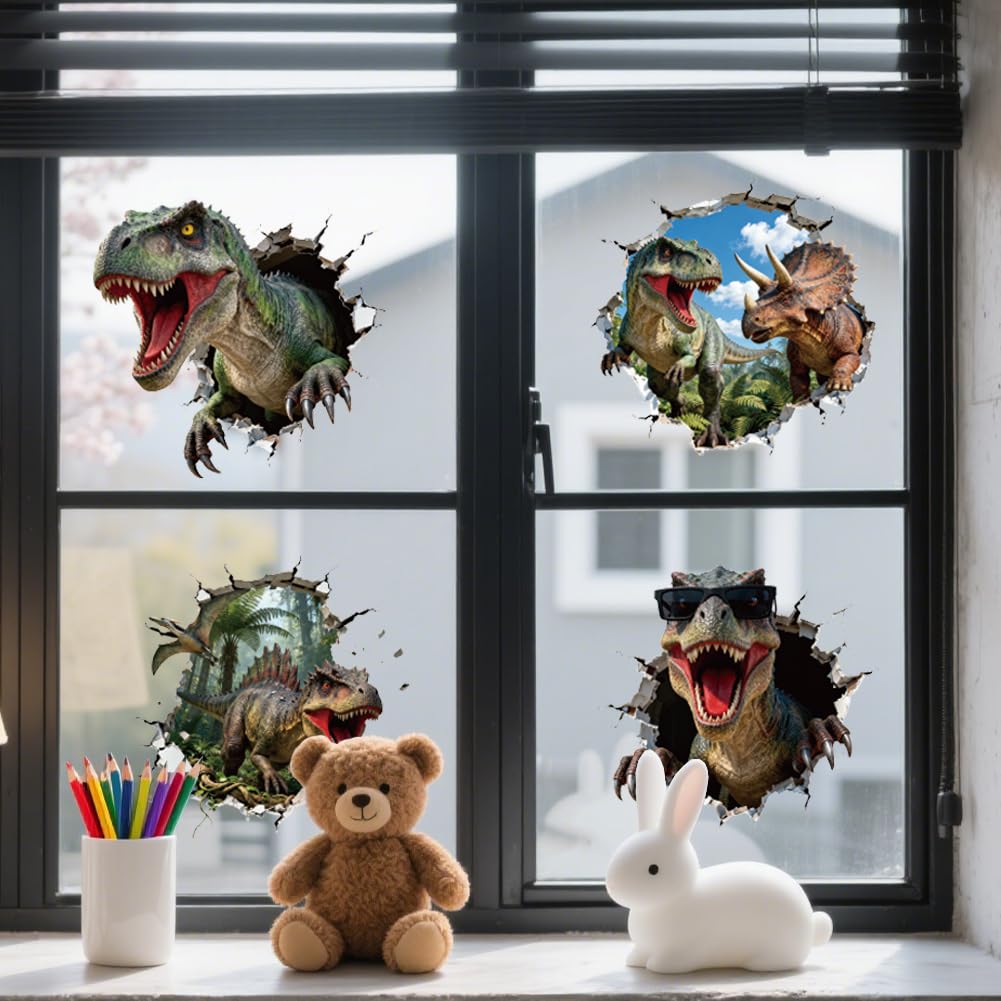 ANATTASOUL Spring Static Window Stickers Large Dinosaur Breaking Through A Wall Reusable Window Clings for Glass Windows, Removable Double Sided Window Decals for Room Office Home Kitchen Decoration