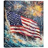 RIBNTAK American Flag Fireworks Canvas Wall Art, Modern Farmhouse Wall Decor Canvas Prints, Vintage Patriotic Posters for Room Aesthetic, Large Artwork for Living Room Home, Made in USA