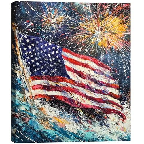 RIBNTAK American Flag Fireworks Canvas Wall Art, Modern Farmhouse Wall Decor Canvas Prints, Vintage Patriotic Posters for Room Aesthetic, Large Artwork for Living Room Home, Made in USA