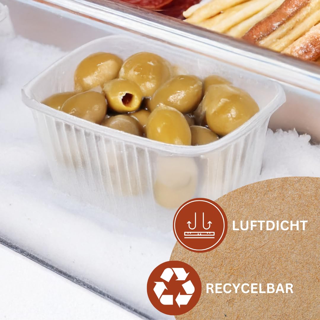 Enpack 250 Stück Feinkostbecher mit Deckel 250 ml - Transparente, eckige Einwegschalen (PP) 11,4x8,69x5,1 cm - Frischhaltedosen, Salatbox, Snackbox, Dipschalen & Einwegbecher - luftdichte Vorratsdosen