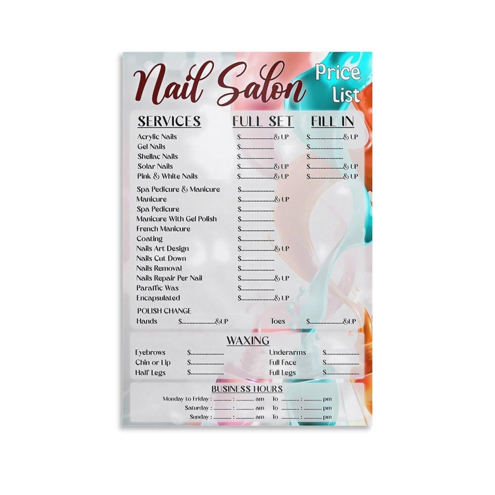 MDBJTCYZN Salon Decor Canvas Art Nail List Poster Service Menu for Beauty Studio Reception(Unframed,08x12inch(20x30cm))