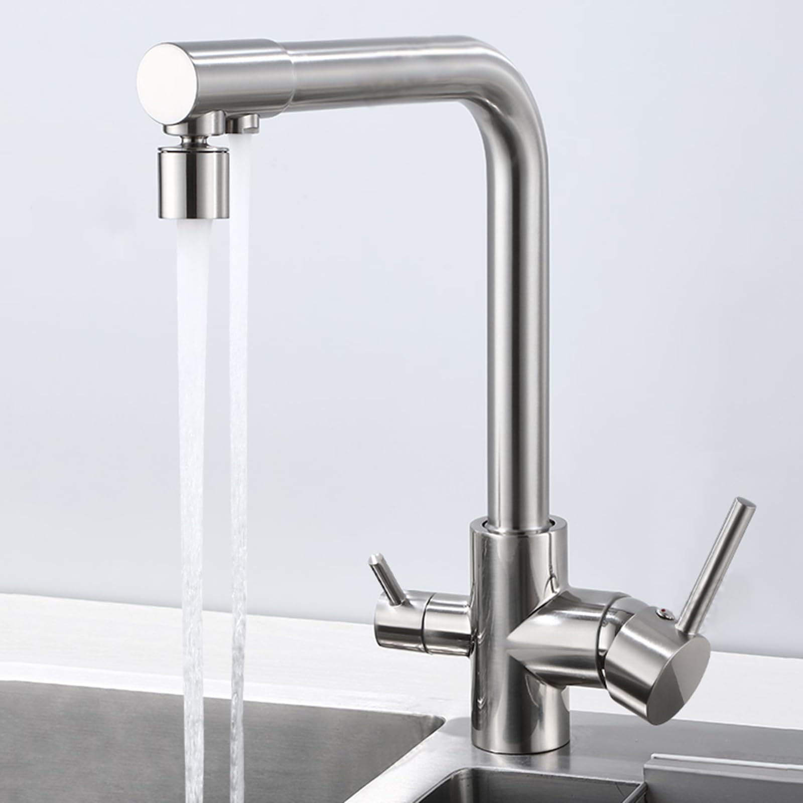 Grifo Cocina Cepillado 3 en 1 Rotación de 360° Grifo Osmosis 3 Vías con 2 Salidas Doble Manija,Cepillado