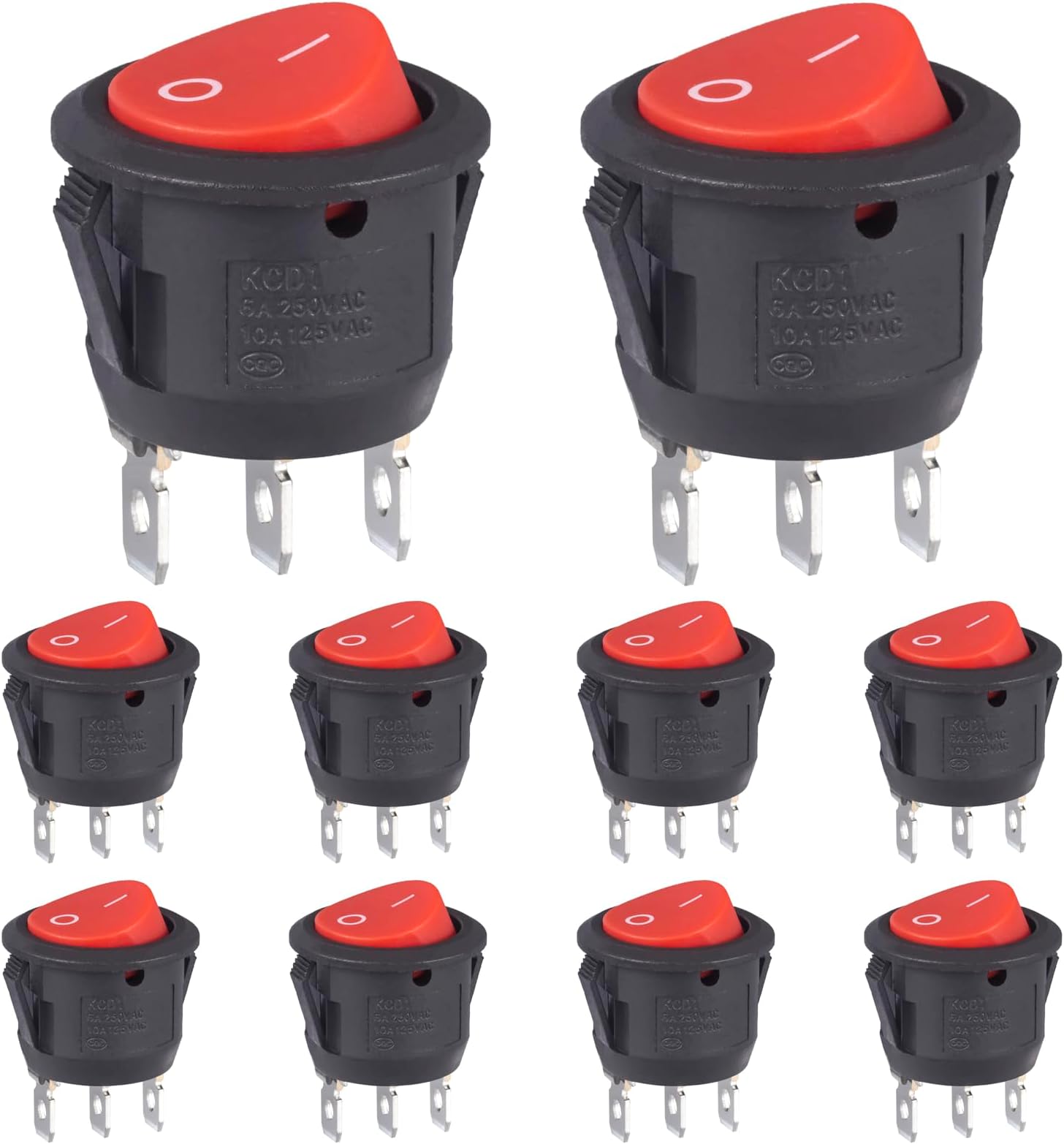 Round Rocker Switch 12Volt On/Off 3 Pin 2 Position Round Toggle switches AC 6A/250V 10A/125V KCD1 Red Black Mini Circle Switch for Rv Car Truck Boat (Pack of 10pcs)