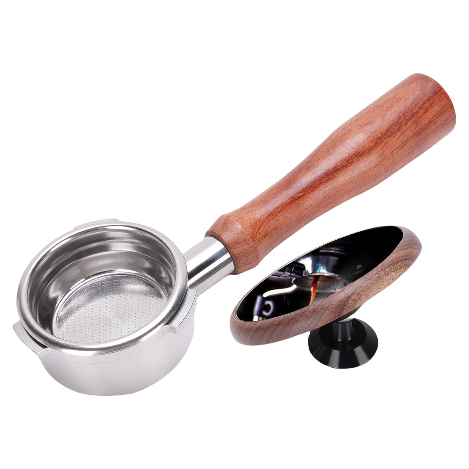 Portafiltro senza fondo da 58 mm adatto per macchina da caffè Petrus Portafiltro senza fondo per caffè in acciaio inossidabile Manico in legno a 3 orecchie