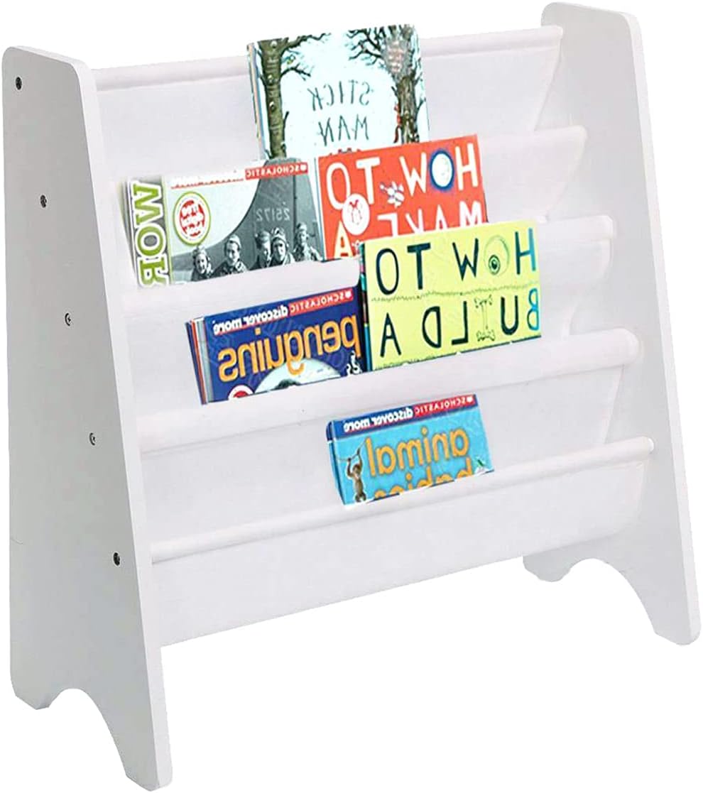 KingSaid Childrens Bookshelf Wooden White Bookcase Sturdy Sling Bookcase Shelf with Soft Canvas for Your Little Reader