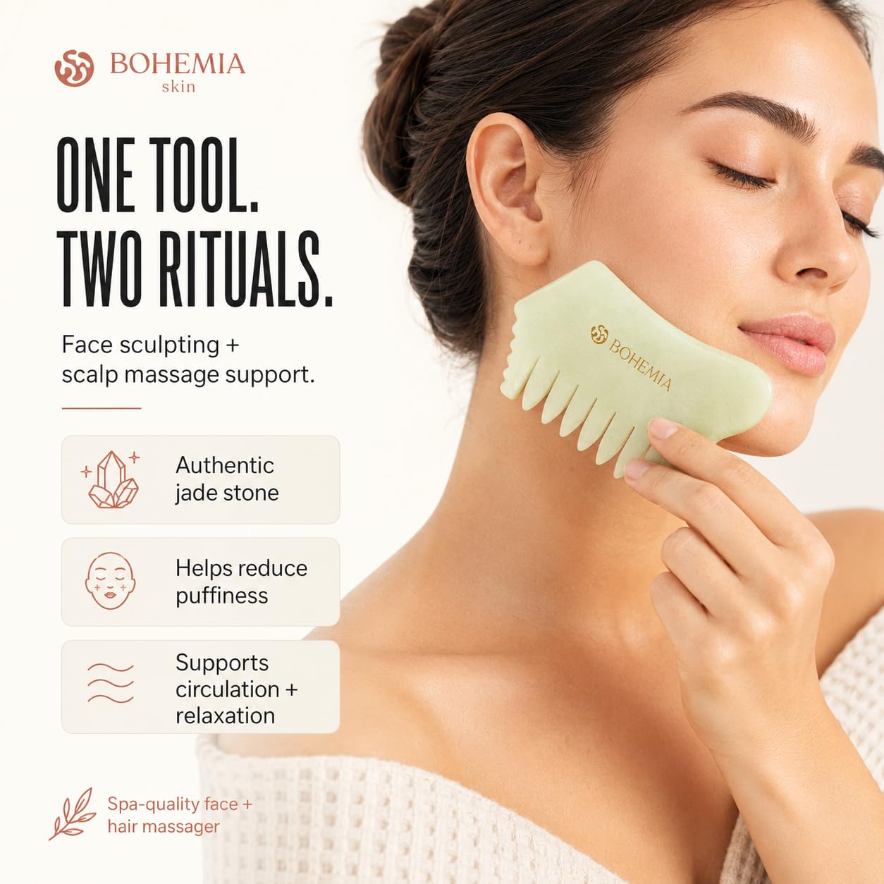 Bohemia Skin Jade Gua Sha Peine para el cabello y masajeador facial, auténtica herramienta facial Gua Sha para dar forma a la mandíbula, masaje del cuero cabelludo, drenaje linfático y cuidado de la