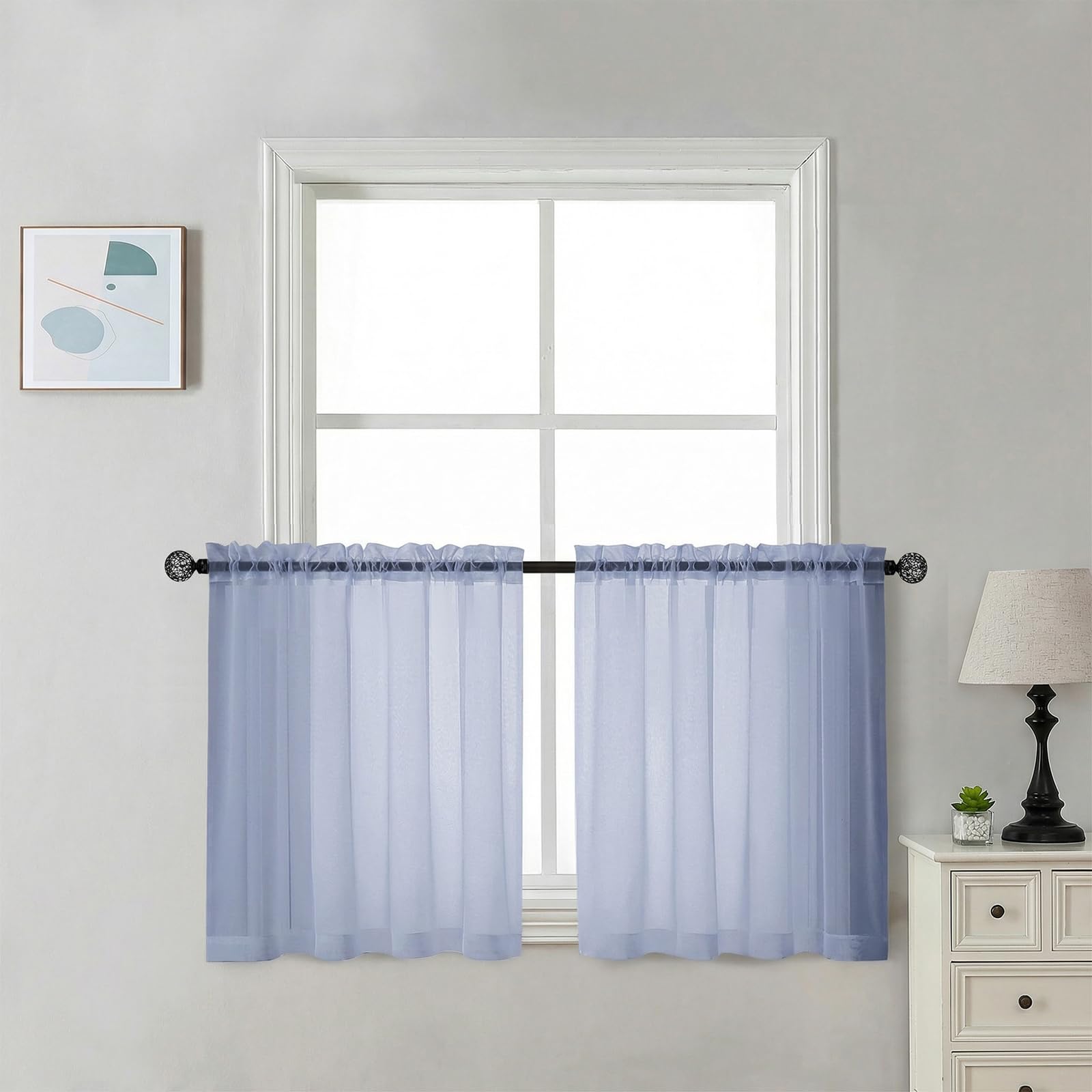 Chyhomenyc Sheer Curtains 30 inch Length 2 Panels - Light Filtering Voile Rod Pocket Short Window Curtians for Bathroom Living Room Farmhouse Small Windows, 42Wx30L inches, Denim Blue