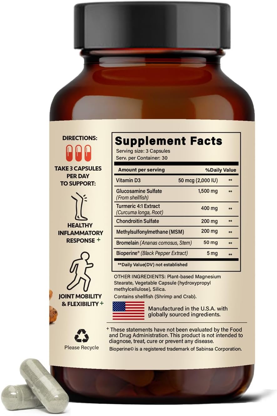 Articulacion Flex Joint Support Capsules – Glucosamine Sulfate 1500 mg with Chondroitin, MSM, Turmeric & Bromelain, Joint Health & Mobility Supplement for Women & Men, 90 Capsules