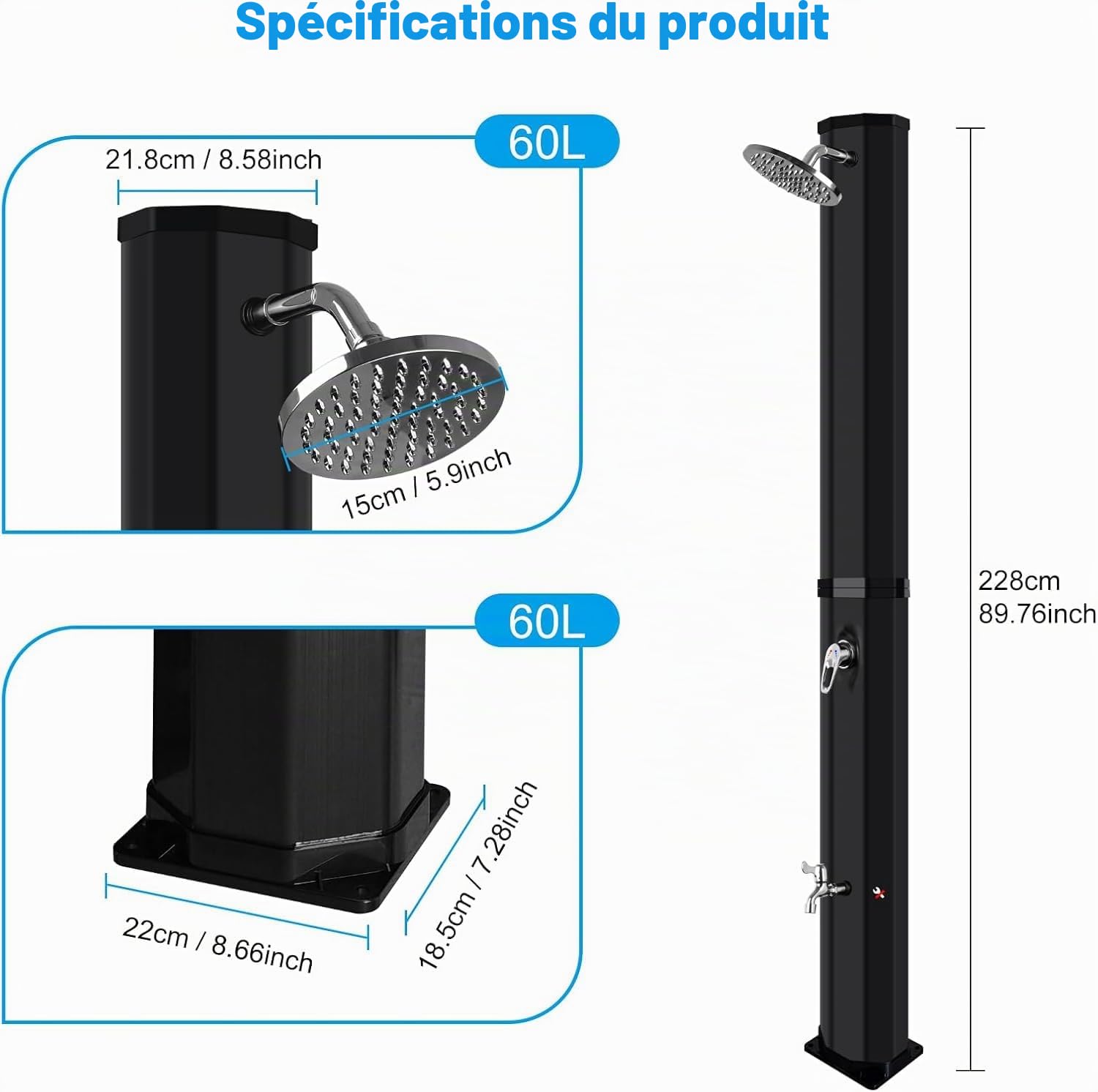 Douche Solaire de Jardin 60 L avec Housse de Protection, Pommeau de Douche à Effet Pluie Réglable, Robinet et Contrôle de Température/Pression - Idéal Douche de Piscine