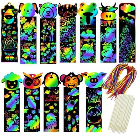Tcvents 100 Sets Scratch Art Bookmarks Making Kit for Kids, Scratch Paper DIY Animal Bookmarks Bulk with 100 Pcs Ribbons and 100 Pcs Wood Stylus for Classroom Activities Party Favors, 13 Styles(B) Cover