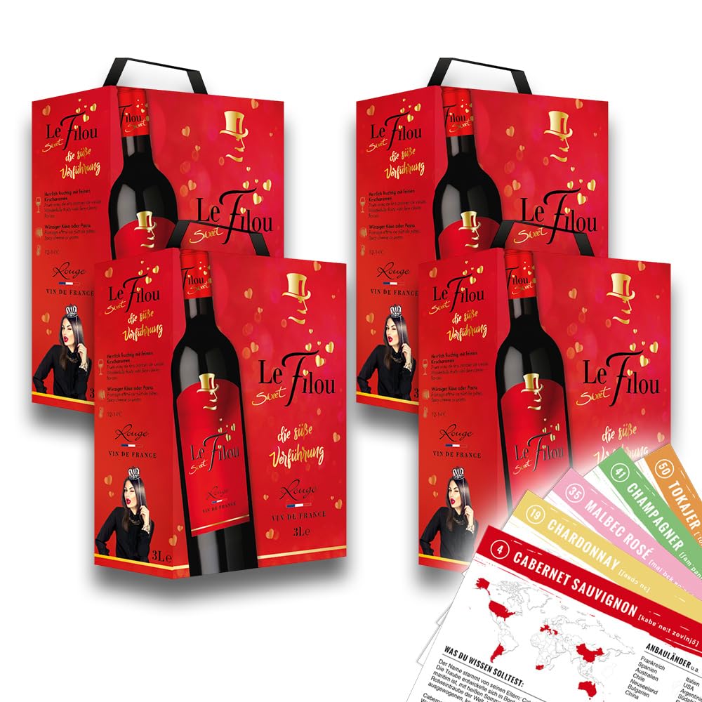 Le Sweet Filou Rouge, lieblich, Bag-in-Box, sortenreines Weinpaket + VINOX Winecards (4x3,0l)