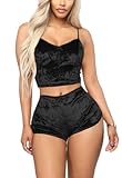 Women's Velvet 2 Piece Outfit Spaghetti Strap Crop Top Shorts Pajamas Set Sleepwear Nightwear
