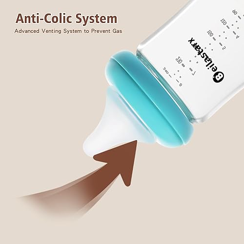 Miniatura 5 de Biberones de vidrio con pezón de respuesta natural, tamaño M, biberones anticólicos, cuello ancho, flujo lento (azul, 8 onzas (paquete de 2))