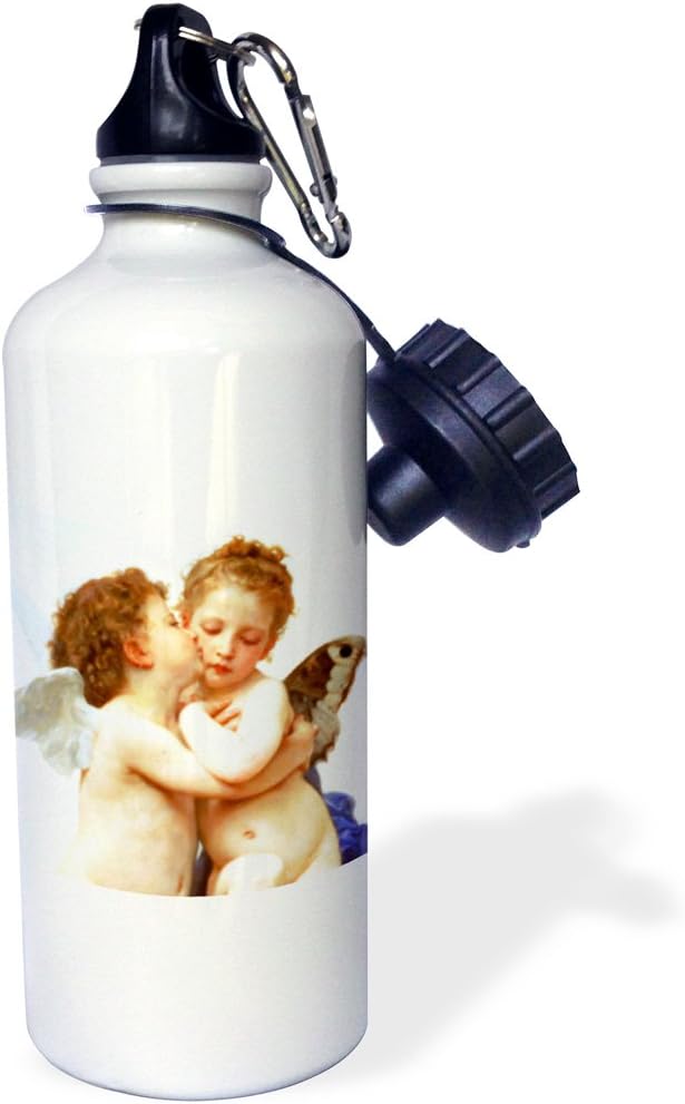 3dRose "Cupid and Psyche as Children 1890-L Amour enfants-Bouguereau-baby angel cherubs kiss-classic" Sports Water Bottle, 21 oz, White