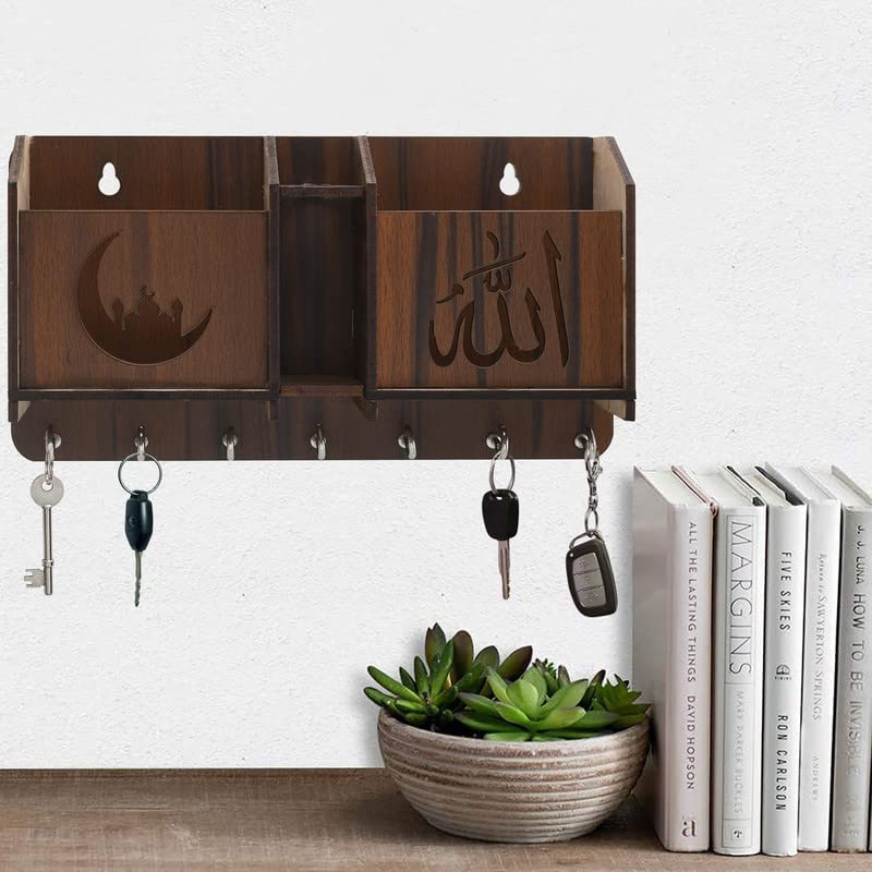 CRAFTY COTTAGE Wooden Wall Mounted Designer Key Holder | Mobile & Pen Storage Box & Holder with 8 Stainless Steel Hooks (Allah) (B0DDX655RC) Amazon Price History, Amazon Price Tracker