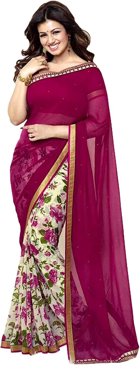 MAHEKIndian Women's Saree New Fancy All Over Flower Prints Georgette Saree with Border & Blouse Piece