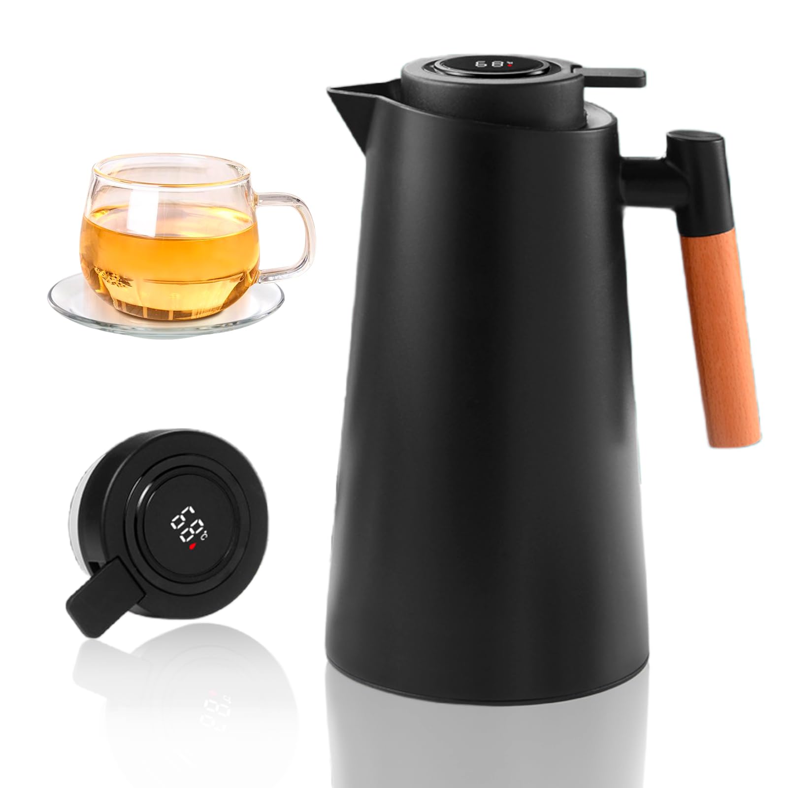 Thermos 1 l, thermos con indicatore di temperatura, teiera termica 12 ore, grande apertura, pulsante caffettiera, inserto igienico in vetro temperato per caffè