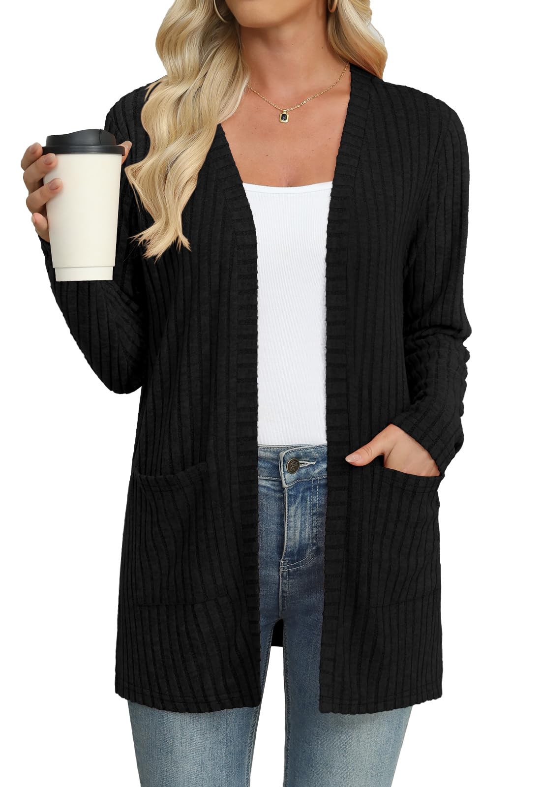 Womens Lightweight Cardigans Long Sleeve Sweaters Knit Open Front Casual Cardigan Sweater with Pockets