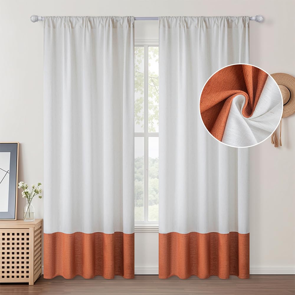 Tende Semplici Tende da Finestra di Lino 2 Pannelli Moderno Eleganti Eleganti Tende da Letto Balcone da Soggiorno Decorazione di Hotel Casa-White And Orange||132 * 160cm/52 * 63"