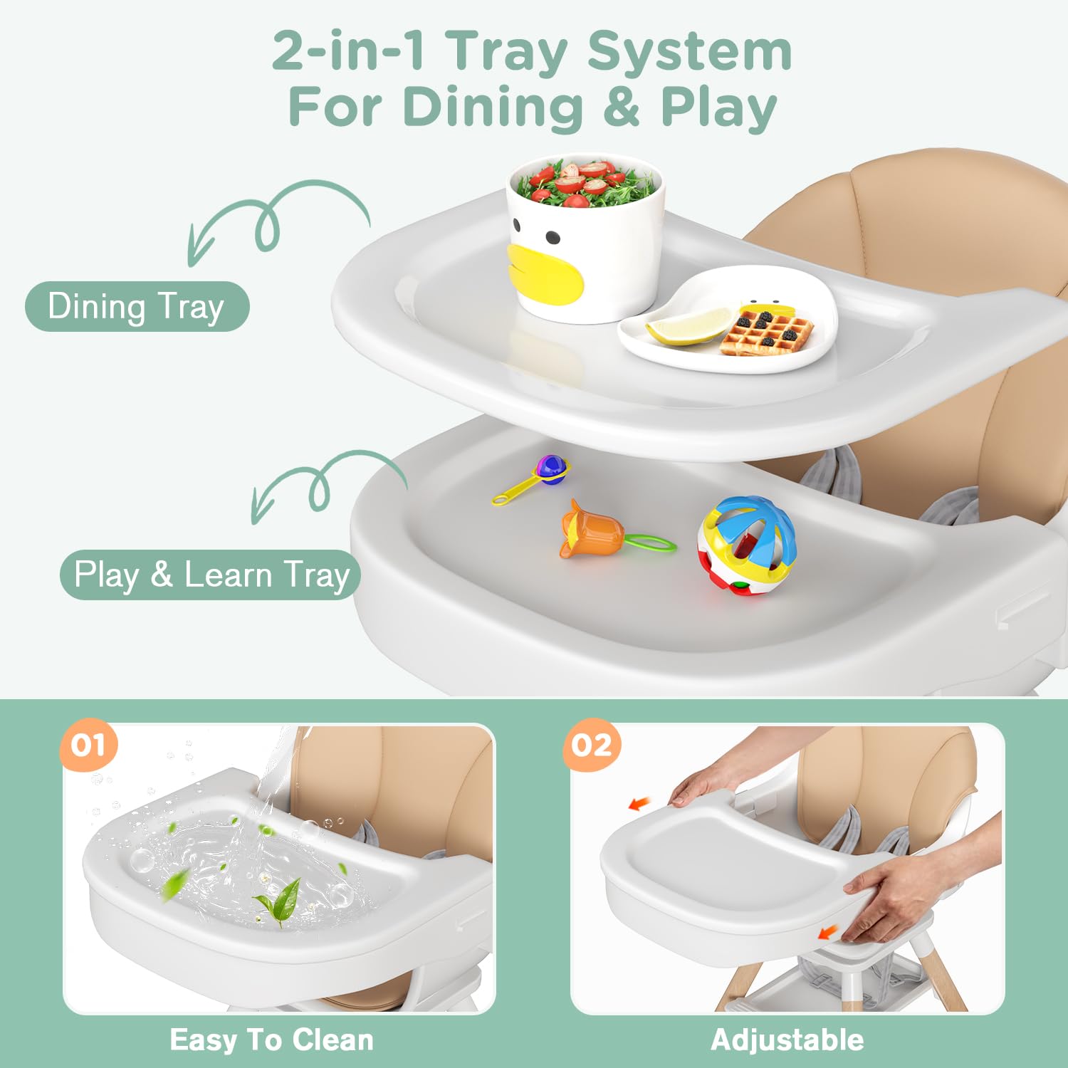 EROMMY 360° Swivel Baby High Chair,6-in-1 Convertible Wooden High Chair for Babies and Toddlers-Baby Feeding Chair with 5-Point Harness,Adjustable Highchair Features,Removable Double Tray